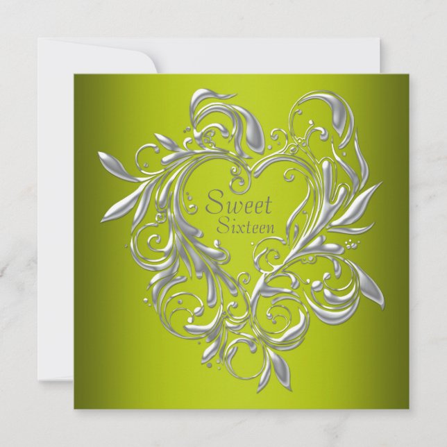 Silver Heart Sage Green Sweet Sixteen Birthday Invitation (Front)