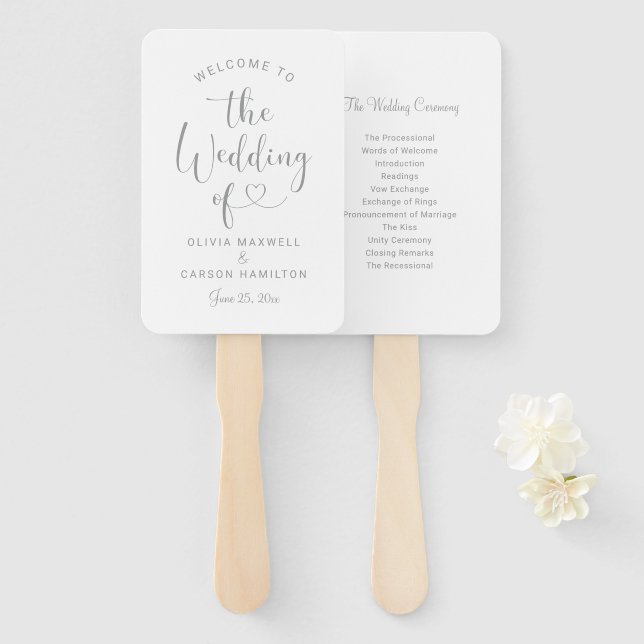 Silver Heart Script Wedding Welcome Ceremony Hand Fan (Front and Back)