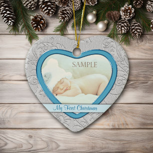 Silver Heart Swirl Baby Boy First Christmas Ceramic Ornament