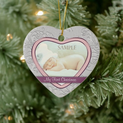 Silver Heart Swirl Baby Girl First Christmas Ceramic Ornament