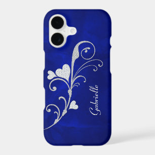 Silver Heart Swirl Glitter on Blue iPhone 17 Case