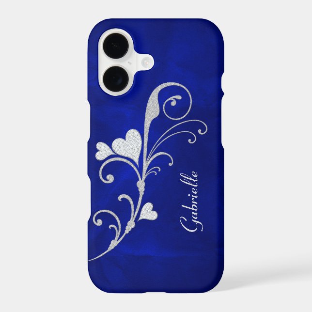 Silver Heart Swirl Glitter on Blue iPhone Case (Back)