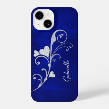 Silver Heart Swirl Glitter On Blue Iphone 14 Case by MegaCase at Zazzle