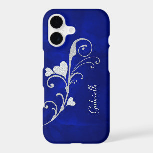 Silver Heart Swirl Sparkle on Blue iPhone 17 Case
