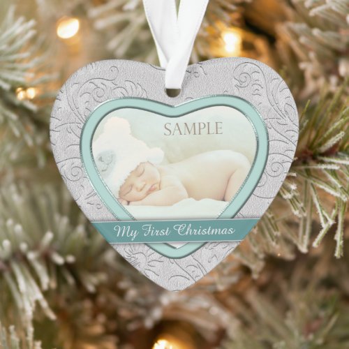 Silver Heart Teal Baby First Christmas Ornament