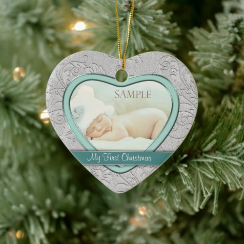 Silver Heart Teal Swirl Baby First Christmas Ceramic Ornament