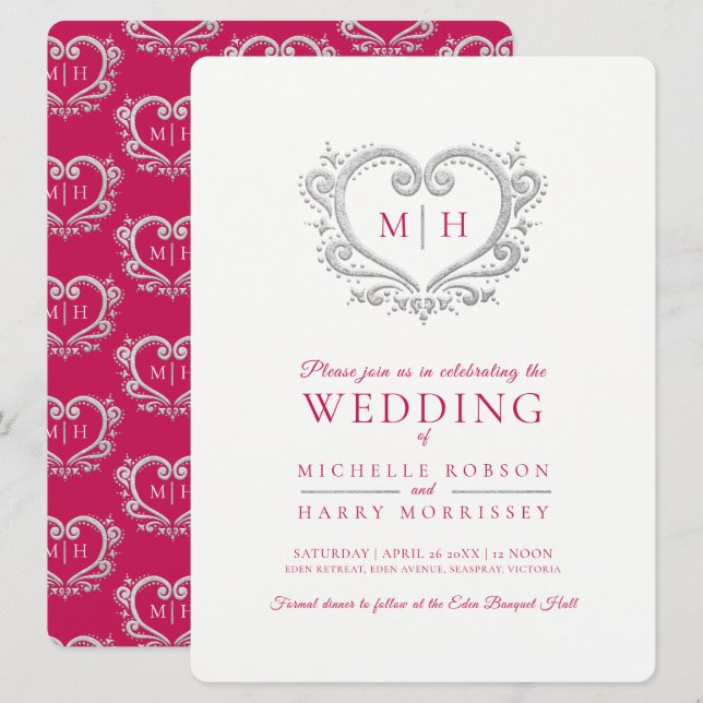Silver heart wedding berry red and white invitation (Front/Back)