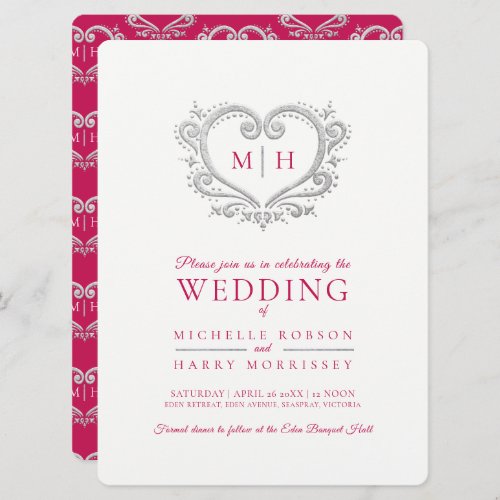 Silver heart wedding berry red and white invitation