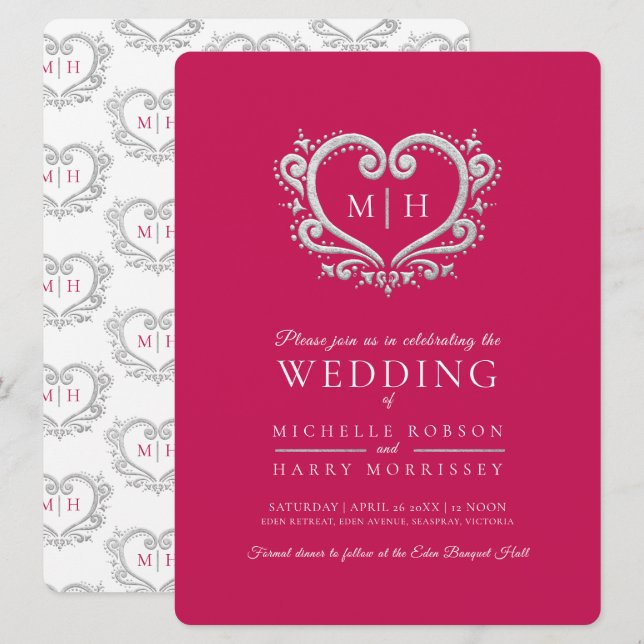 Silver heart wedding berry red and white invitation (Front/Back)
