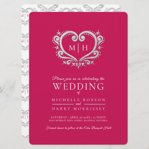 Silver heart wedding berry red and white invitation