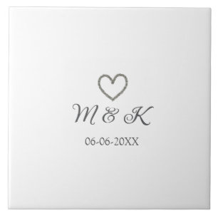 Silver heart wedding couple name letter modern ceramic tile