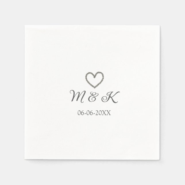 Silver heart wedding couple name letter modern  napkins (Front)
