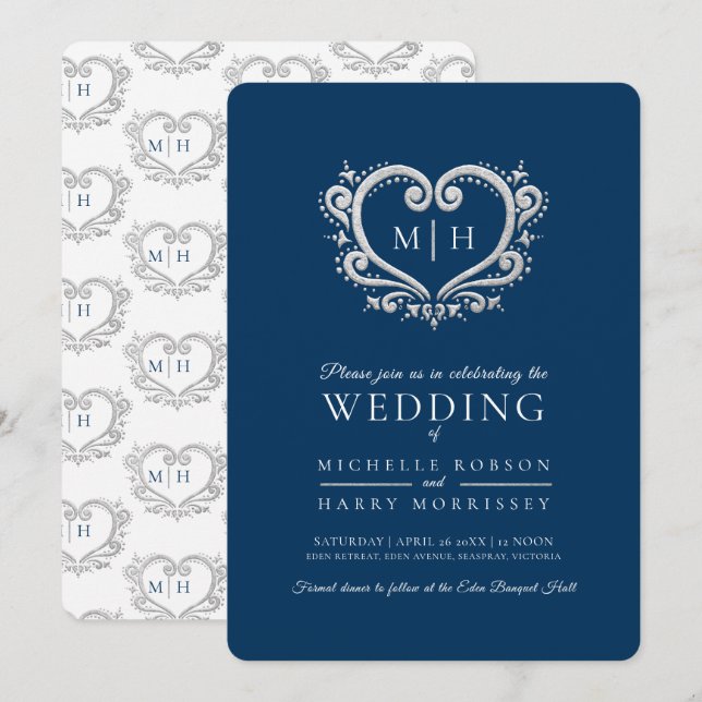 Silver heart wedding dark blue and white invitation (Front/Back)