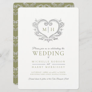 Silver heart wedding fern green and white invitation