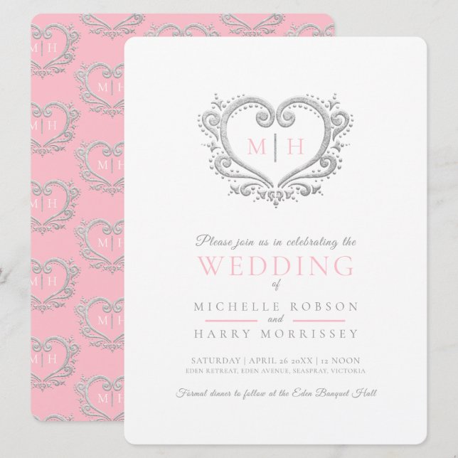 Silver heart wedding pink and white invitation (Front/Back)