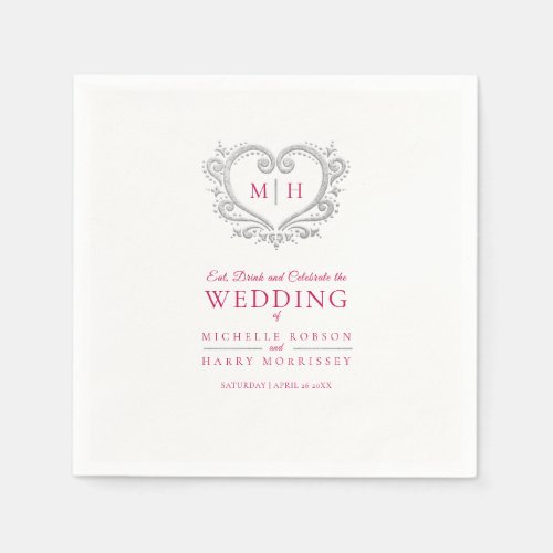 Silver heart wreath monogram wedding napkins