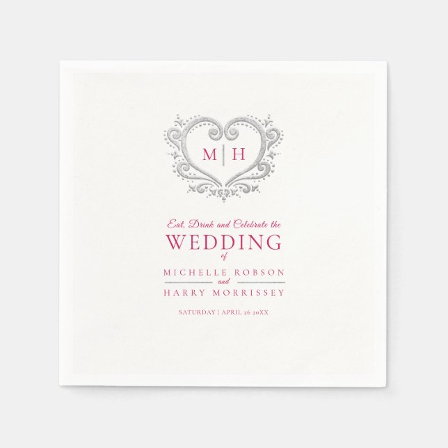 Silver heart wreath monogram wedding napkins (Front)