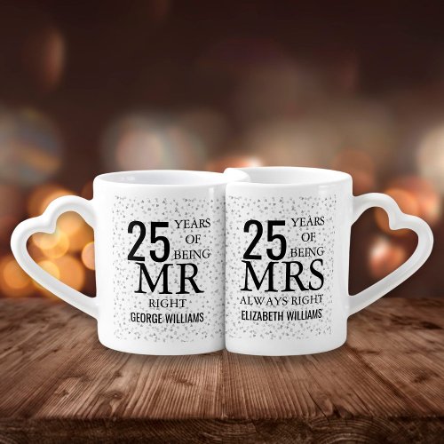 Silver Hearts 25th Anniversary Mr Mrs Right Coffee Mug Set