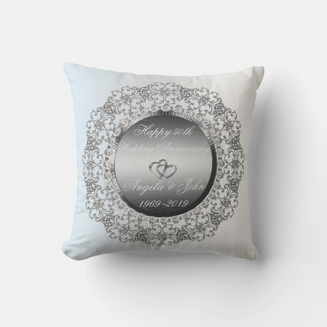 Silver Hearts Diamonds 50th Wedding Anniversary Throw Pillow (Front)