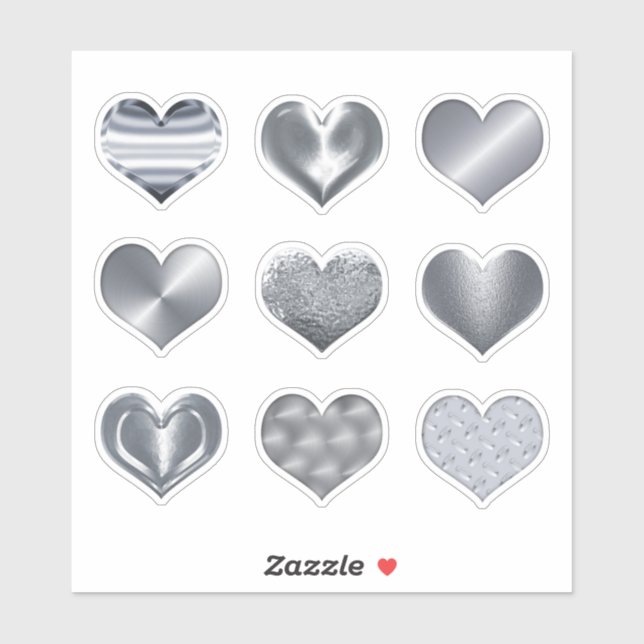 Silver Hearts Faux Metallic Metal Set of 9 Love  Sticker (Sheet)