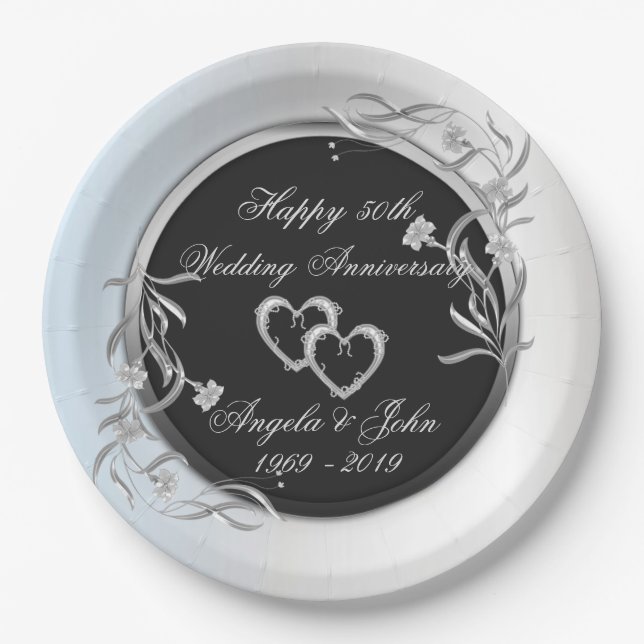 Silver Hearts,Floral Wedding Anniversary Paper Plates (Front)