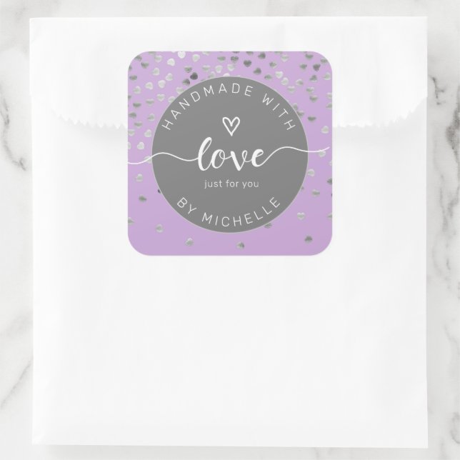 silver hearts handmade with love monogram square square sticker (Bag)