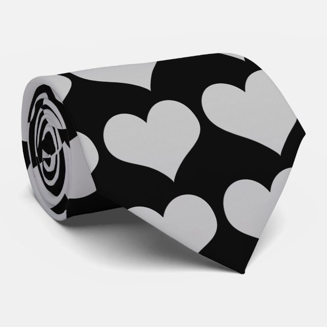Silver Hearts on Black Romantic Neck Tie (Rolled)