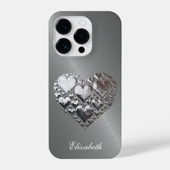 Silver Hearts On Brushed Steel Imitation Iphone 14 Pro Case by HumusInPita at Zazzle