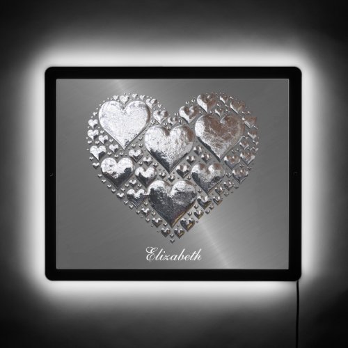 Silver Hearts On Brushed Steel Imitation LED Sign