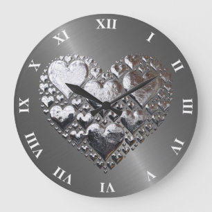 Silver Hearts On Brushed Steel Large Clock