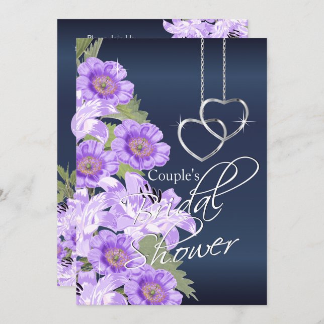 Silver Hearts on Lavender & Navy Satin  Invitation (Front/Back)