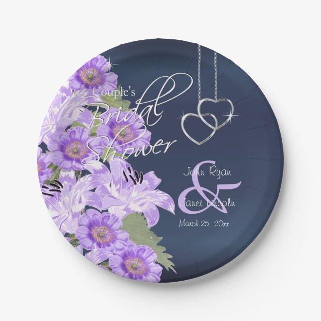 Silver Hearts on Lavender & Navy Satin Paper Plates (Front)