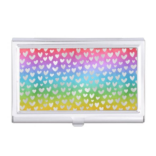 Silver Hearts on Smudged Rainbow Colors Business Card Case