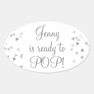 Silver Hearts She's Ready to Pop Baby Shower Favor Oval Sticker