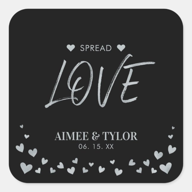 Silver Hearts Spread the Love Wedding Favor Square Sticker (Front)