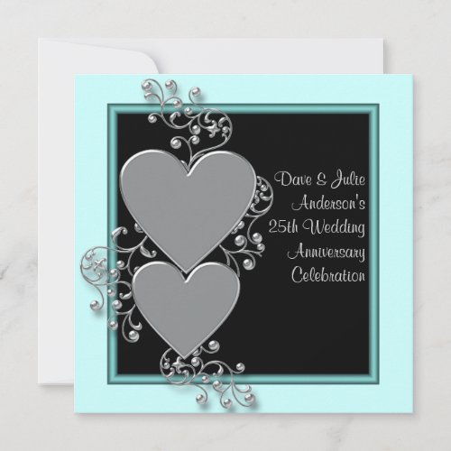 Silver Hearts Teal Silver 25th Anniversary Party Invitation