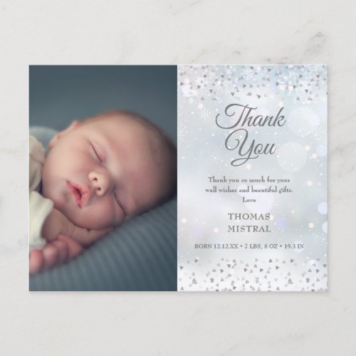Silver Hearts Thank You Photo Winter Baby Birth Announcement Postcard