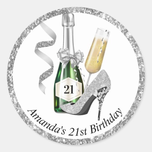 Silver Heels and Champagne Womens Birthday  Classic Round Sticker
