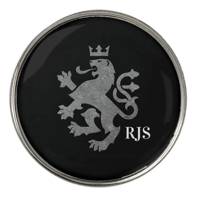 Silver Heraldic Lion and Monogram Golf Ball Marker (Front)