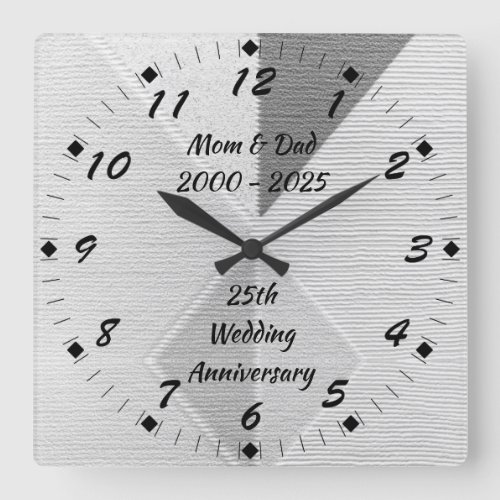 Silver Hexagon 25th Silver Wedding Anniversary Square Wall Clock