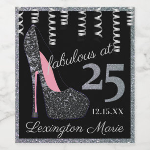 Silver High Heel 25th Birthday Party Sparkling Win Wine Label