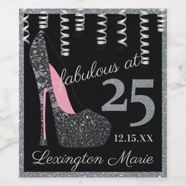 Silver High Heel 25th Birthday Party Sparkling Win Wine Label (Single Label)