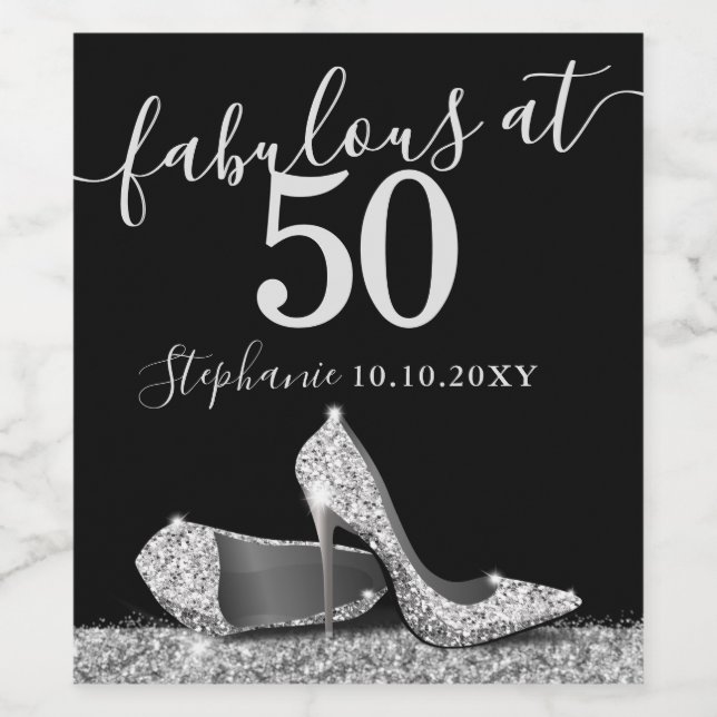 Silver High Heel 50th Fabulous Birthday Sparkling  Wine Label (Single Label)