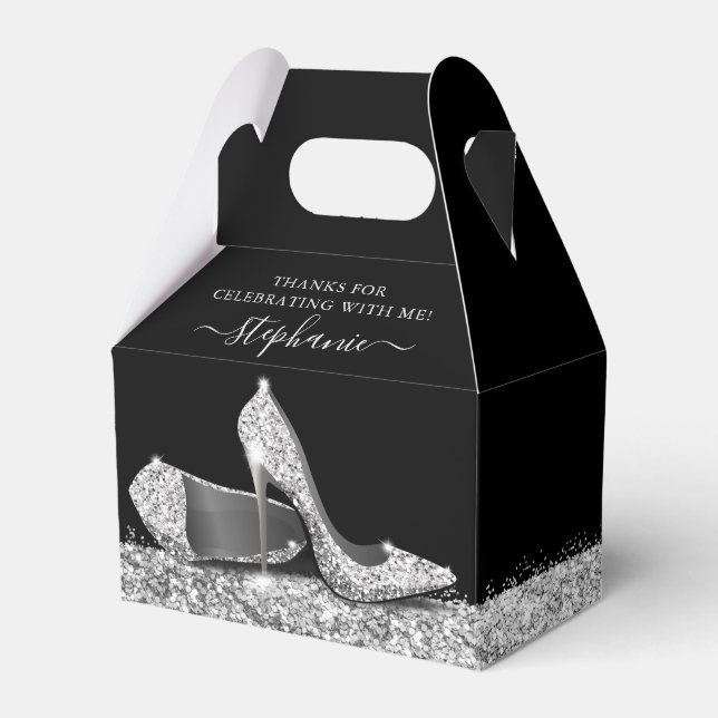 Silver High Heels Glitter Elegant Black Thank You Favor Boxes (Front Side)