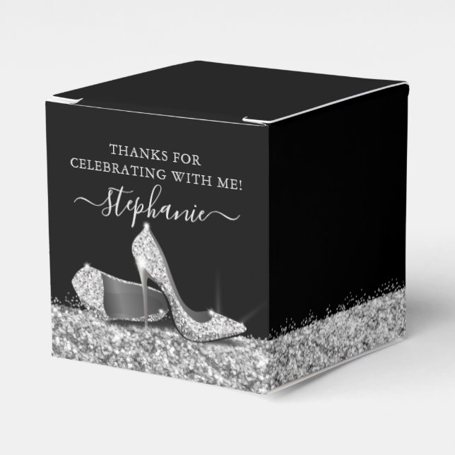 Silver High Heels Glitter Glam Birthday Party Favor Boxes (Front Side)