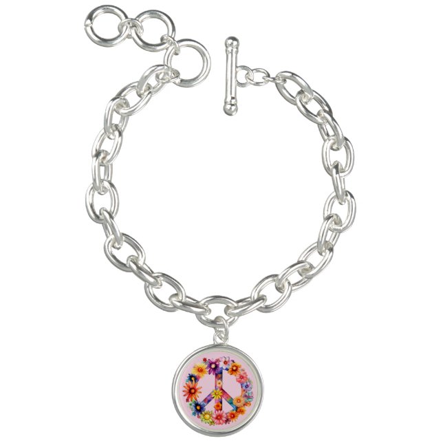 Silver Hippie Floral Peace Sign Charm Bracelet (Product)