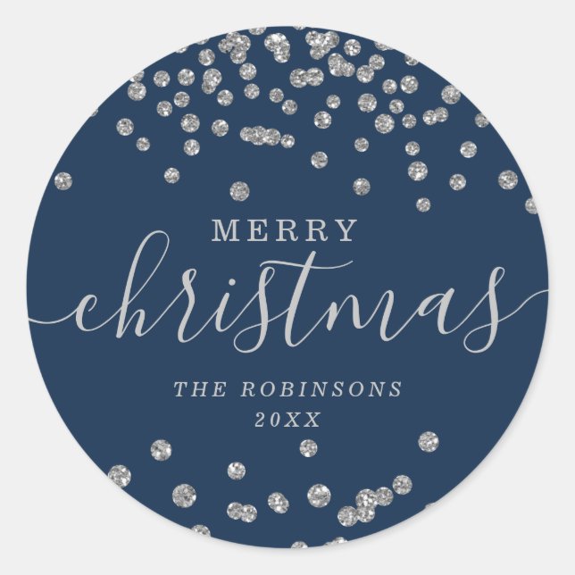 Silver Holiday Christmas Glitter Confetti Navy Classic Round Sticker (Front)