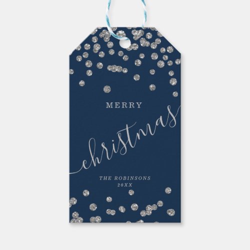 Silver Holiday Christmas Glitter Confetti Navy Gift Tags