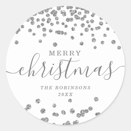 Silver Holiday Christmas Glitter Confetti White Classic Round Sticker