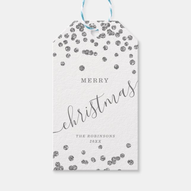 Silver Holiday Christmas Glitter Confetti White Gift Tags (Front)